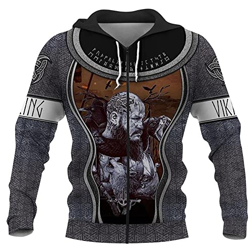 3D Tattoo Viking Odin Herren Hoodie, Nordic Mythology Sweatshirt Langarm Harajuku Casual Street Big Pocket Jacke M-4XL (Color : CHoodie Zip, Size : M) Cover
