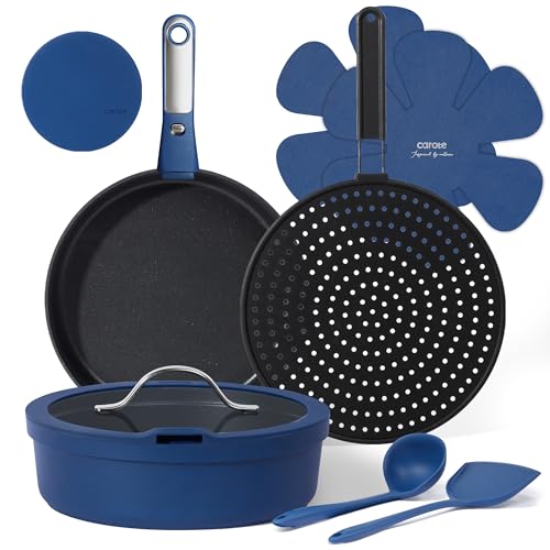 Image of CAROTE 10-Piece Pots and Pans Set, Nonstick Cookware Set Detachable Handle, Frying Pan with Splatter Screen, Oven Safe, Induction Ready, Stackable, Blue