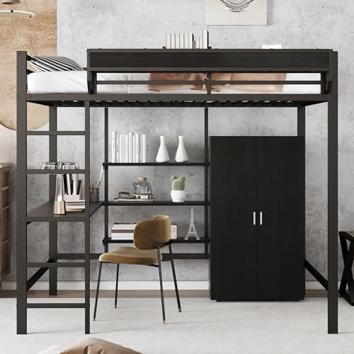 Litera 140x200 cmDe Metal Y Tablero, Literas con Escritorio, Armario De Dos Puertas, Estantes De Almacenaje Y Cama Alta Negra, para Dormitorio Juvenil Completo