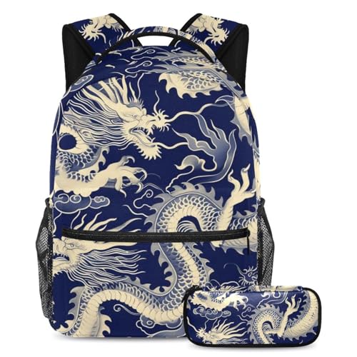 Sac à dos dragon bleu grande capacité avec trousse scolaire pour ado et voyage