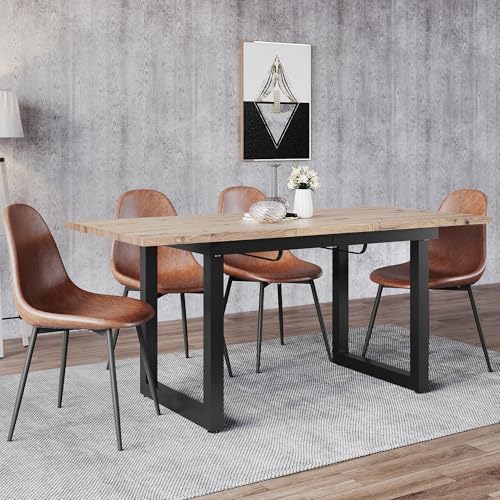 muenfly Mesa de comedor extensible 140-180 × 80 cm, mesa de cocina rectangular para 6 – 8 personas, color nogal con estructura metálica negra, estilo industrial, para comedor, cocina, sala de estar