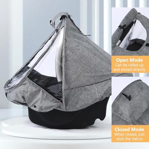 Universal Regenschutz für Babyschale, Baby Autositz Regenschutz, Transparent Regenverdeck Babyschale, Komfort Regenschutz Babyschale, mit Einfacher Zugang Rolltor, Trageöffnung und Luftlöchern (Grau)