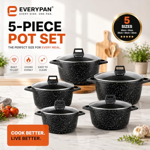 EVERYPAN Speckled Granite Cookware Set – 5 Piece Non-Stick Pots with Glass Lids, Induction & All Hob Compatible, Robust Aluminium (Black) - Image 4