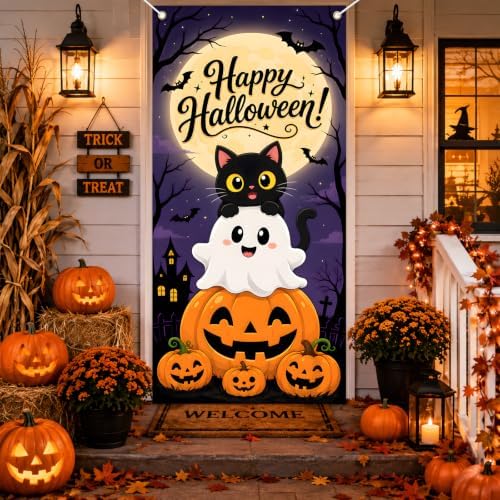 Happy Halloween Door Banner, Black Cat Ghost Pumpkin Porch Decor