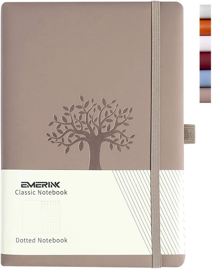 EMERINK Leather A5 Notebook Journal , Bullet Dotted Journal, Tree of Life, Pocket, Elastic Closure, Pen Holder, Bookmark, High-quality Paper - 100gsm (Light Brown Tree of Life)