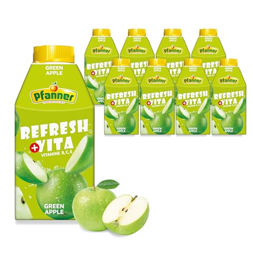 Pfanner Refresh + Vita - Green Apple Fruchtgetränk (8 x 0,5 l) - 10% Fruchtgehalt – exotisches Getränk im Vorratspack – mit Vitamin B, C und E