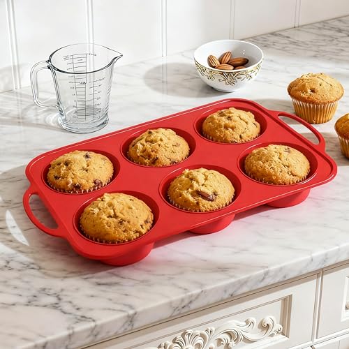 Foepoge Deep and Jumbo Silicone Muffin Tray 6 Cup with Metal Reinforced Frame Non Stick Silicone Cupcake Tray with Handle Muffin Moulds Yorkshire Pudding Tray Cupcake Tin Red
