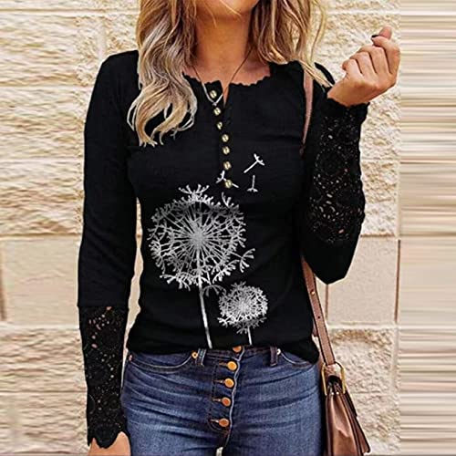 Women Sexy Half Buttoned Sweatshirts, Lace Hollowed Splicing Long Sleeve Crewneck Blouses Dandelions Print Fall Clothes Black #TOP1