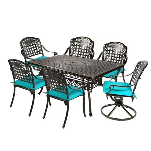Image of MEETWARM 7-Piece Outdoor Patio Dining Set, All-Weather Cast Aluminum Patio Conversation Set with 4 Stationary, 2 Swivel Rocker Chairs, 1 Rectangular Table, 6 Cushions, 2 inch Umbrella Hole, Ocean Blue