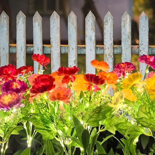 Solar Flowers Lights, 2 Pack Solar-Powered Outdoor Light with 14 Blooming Flowers, Waterproof Lights for Outside Yard, Garden, Pathway, Walkway, Patio, Lawn, Cemetery, Grave Decor