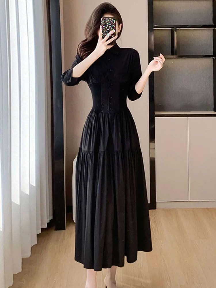 korean style midi dress Elegant Women's Long Sleeve French Dress, black Fashion Color:Coral Spice Sleeve Length bold statement dress Knee Length Rose Gold