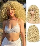 GKtineke-Curly-Wig Big-Curly-Wigs-for-White-Black-Women 20 Inch- Long-Curly-Wig-with-Bangs Synthetic-Hair-Replacement-Wigs-for- Cosplay and Daily (Blonde)