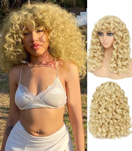 GKtineke-Curly-Wig Big-Curly-Wigs-for-White-Black-Women 20 Inch- Long-Curly-Wig-with-Bangs Synthetic-Hair-Replacement-Wigs-for- Cosplay and Daily (Blonde)