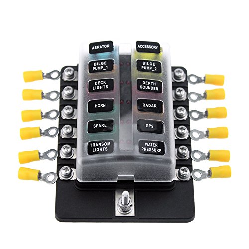 Yorten Blocos de fusíveis de suporte de caixa de fusíveis de 12 vias com LED vermelho Indicador 10 u