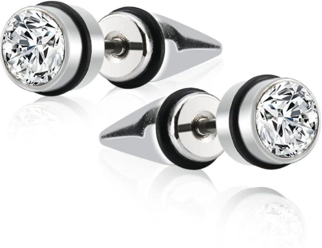 Mens Jewellery Valentine Silver Black Bali Earing For Gents/Boys/Boyfriend Cubic Zirconia, Diamond Stainless Steel, Silver, Metal Stud Earring, Tunnel Earring Silver::Black 17-image-25