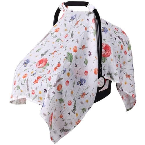 Image of Rquite Baby Car Seat Cover - Muslin Cotton, Breathable Canopy, Summer Stroller Sun Shade, Floral