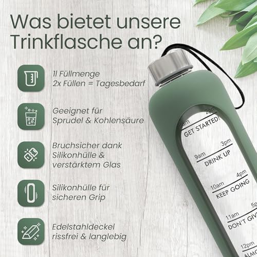 Amalindo Trinkflasche Glas 1L – kohlensäuregeeignet – mit Bürste & Silikonhülle – Olivgrün