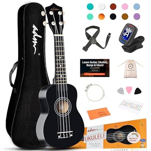ADM Ukulele for Beginners Hawaiian Wood Ukelele Kit for Kids Adult Student Starter Professional Ukalelee Pack Bundle with Free Lessons Gig Bag Strap Nylon String Tuner (Black, 21 Inch) Cover