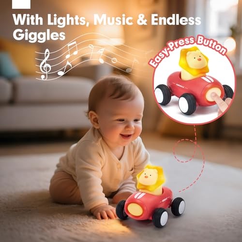 hahaland Baby Car Toys for 1 Year Old Boys, 3PCS Baby Push and Go Cars with Music and Light, Animal Racing Cars Sensory Toys,Pull Back Cars Toy Gifts for Toddlers 1 2 3 Boys Girls - Image 3