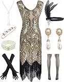 Women 1920s Gatsby V-Neck Sequin Art Deco Flapper Dress with 20s Accessories Set (S, Gold Beige)