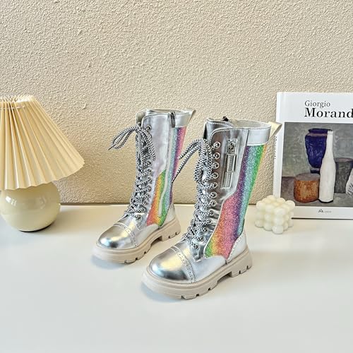 kkdom Girls Knee High Lace Up Side Zipper Mid Calf Combat Riding Boots Sparkly Rainbow Winter Boots for Kids Party Christmas Holiday4