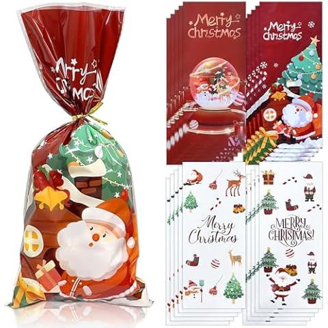 Bnsikun 100 Christmas Cellophane Treat Bags Candy Gift Bags Cellophane Bags Cover