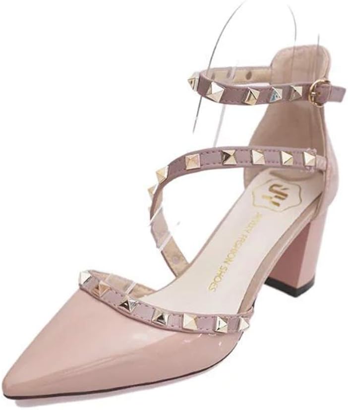 Unang Ankle Strap Heels Sandals Women Pumps Block Heel Rivet Studs t Strap Low Heels (US6, Nude)