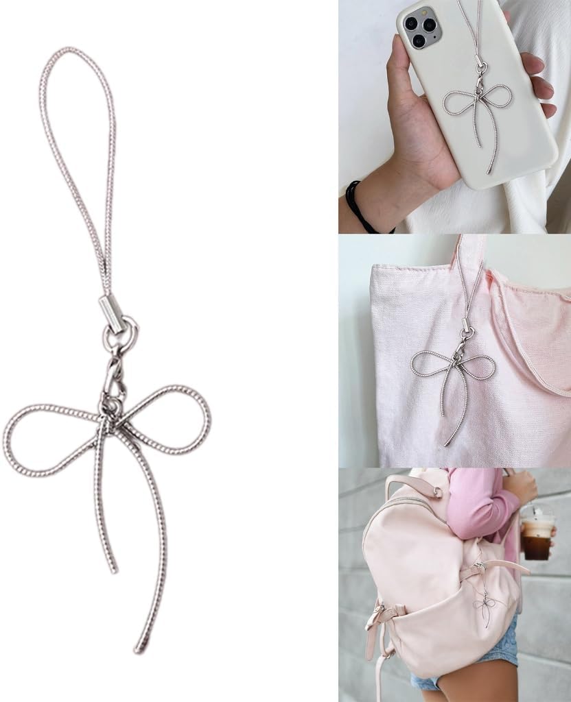 Bowknot Charm Phone Strap Silver Color Phone Charm Keychain Keyring Ornament Sweet Cool Women Bag Hanging Pendant Decor image 2