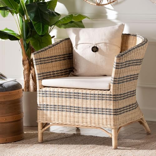 Bali & pari Elda Natural Rattan Accent Chair - Wicker Barrel-Back Chair with Two-Tone Woven Stripes and Cushion, Coastal Boho Style Seating for Living Room or Sunroom by bali & pari - Used condition - Image 8