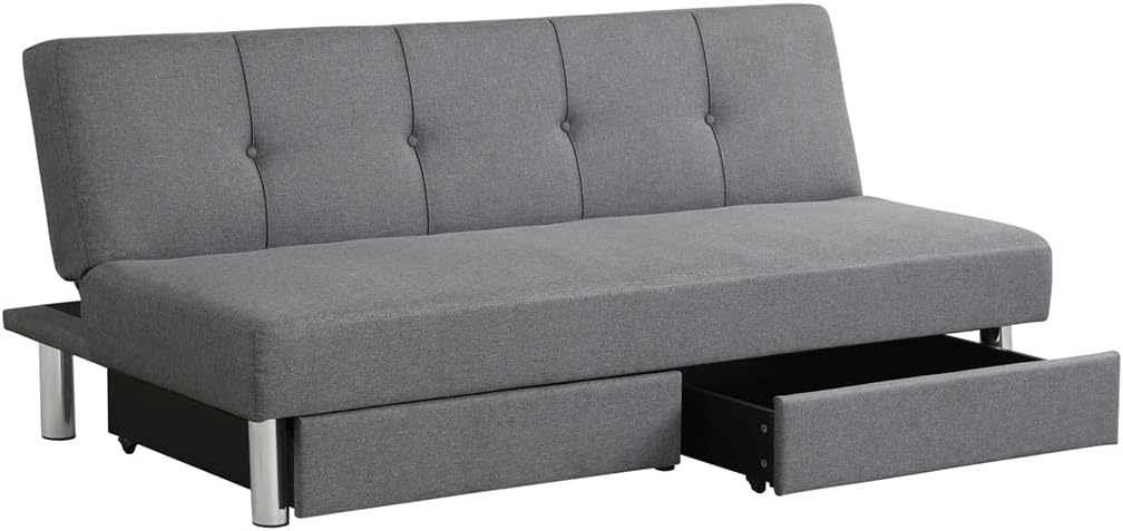 Convertible Futon Sofa Bed Adjustable Couch Sleeper W/Two Drawers Grey