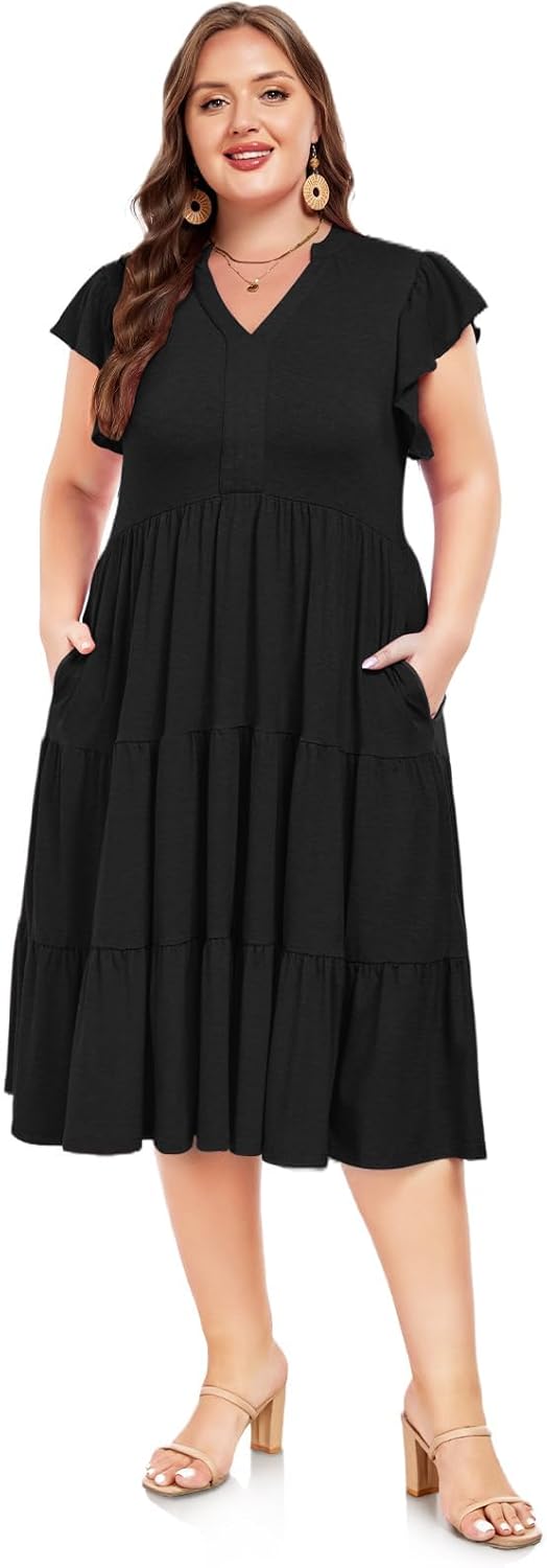 Moon Wood Womens Plus Size V Neck Ruffle Midi Dress 2025 Summer Casual Flowy Tiered Dresses with Pockets - Image 2