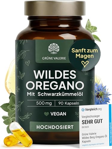 GRÜNE VALERIE® Oregano Öl Kapseln [HOCHDOSIERT] – Duo-Komplex mit Schwarzkümmelöl 90 Stück – 82% Carvacrol Wildes Berg Oreganoöl – 250 mg Softgels – laborgeprüft & ohne Zusätze