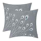 CaliTime Pack of 2 Supersoft Throw Pillow Covers Cases for Couch Bed Sofa Decor Peacock Feathers Embroidered 18 X 18 Inches Grey