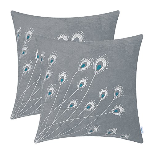 CaliTime Pack of 2 Supersoft Throw Pillow Covers Cases for Couch Bed Sofa Decor Peacock Feathers Embroidered 18 X 18 Inches Grey