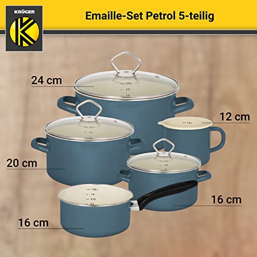 Foto von Krüger Emaille-Set Petrol 5 teilig - Emaille-Topfset aus Fleischtopf, Stieltopf und Milchtopf - Töpfe mit Vollkontaktboden & Glasdeckel - geeignet für alle Herdarten (Set Petrol - petrol)