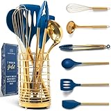 ✔ BEAUTIFULLY DESIGNED AND CONVENIENT STARTER SET TO COMPLEMENT GOLD KITCHEN ACCESSORIES –eliminate multiple purchases and mismatched utensils; outfit your kitchen with this complete and cohesive set of stylish multi-purpose gold and navy blue cookin...