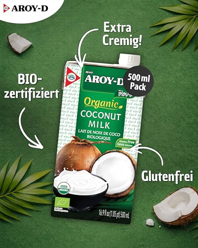AROY-D Bio Kokosnussmilch I Cremige Bio Kokosmilch zum Kochen & Backen I Vegan, Glutenfrei & Laktosefrei I Ideal für Currys, Desserts, Smoothies & Cocktails I 1 x 500 ml