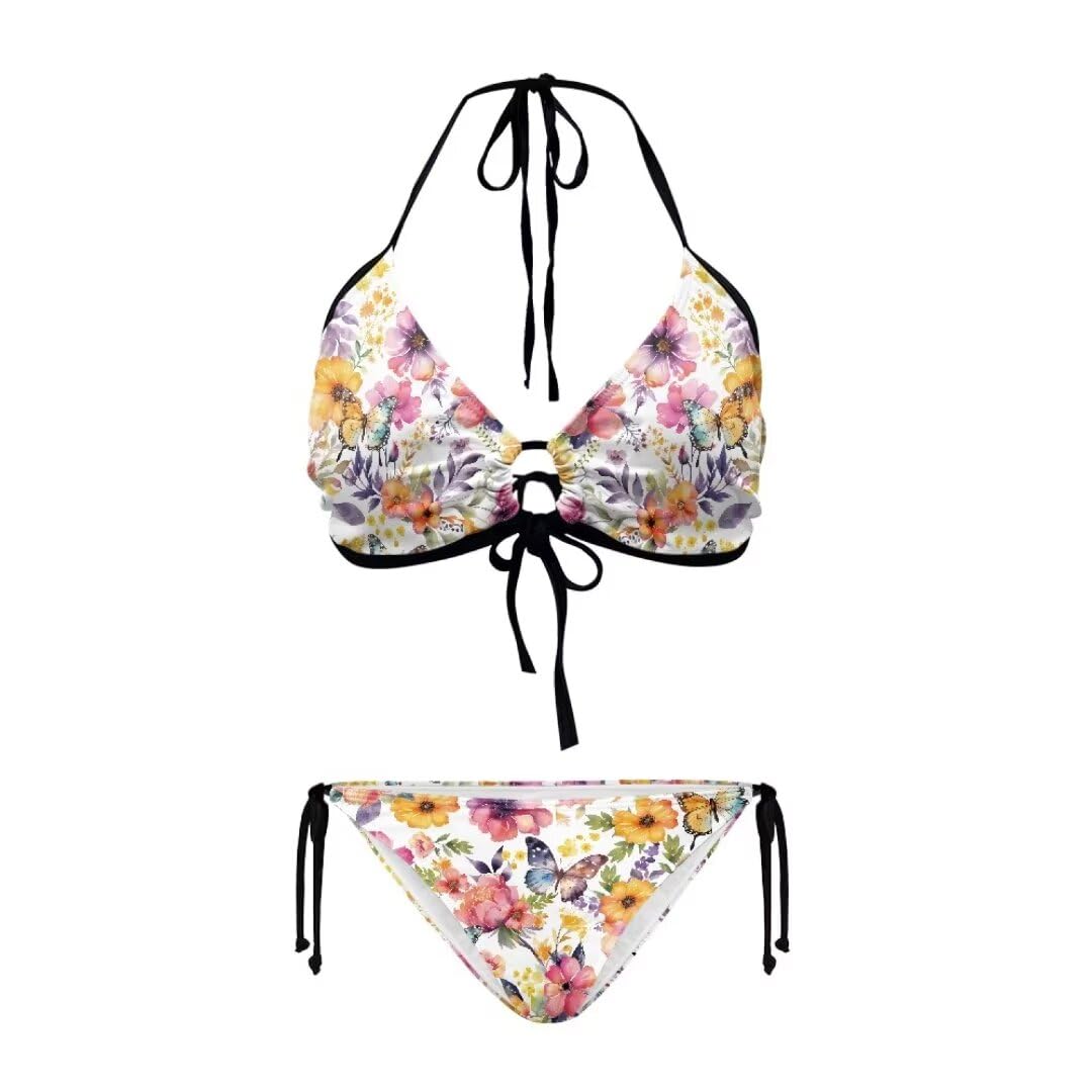 Youngerbaby Women's Girls Floral Print Bikini Sets Two Piece Swimsuit Halter Butterfly Tops and Tie Side Bottoms Bathing Suits Swimwear Plus Size XL
