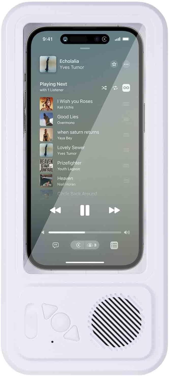 Shower Phone Holder Waterproof with Speaker Bluetooth Adjustable Extendable Shower Phone Case Anti-Fog Rotation for 4-7in Cellphones(White)