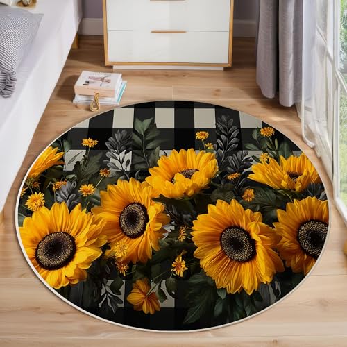 Tapis rond 120cm vintage floral noir et jaune antidérapant - 6