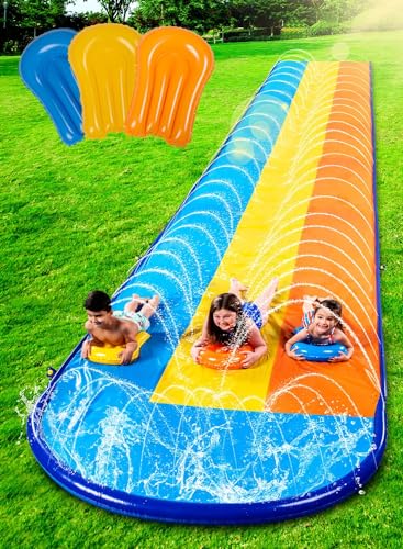Lawn Water Slides for Kids Adults Lane Slip Splash&Slide for Backyards Water Slide Waterslide with 3 Boogie Boards 15.7FT 3 Sliding Racing Lanes with Sprinklers Durable PVC Construction (Triple Lane)