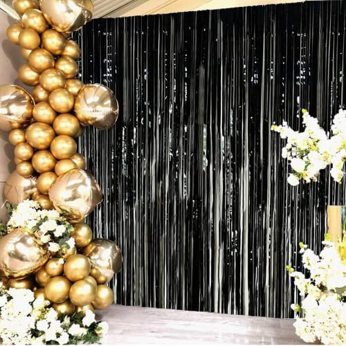 2Pcs Black Tinsel Foil Fringe Curtains Party Decorations Tinsel Curtains Streamers Backdrop 3.3Ft *8.3Ft Door Streamers Photo Booth Backdrops Foil Curtain For Birthday Party Backdrop Decorations #TOP6