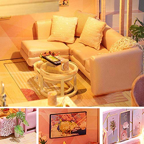 DIY Musik Puppenhaus Kit Mit Staubdicht Und Led Lichter Miniatur Rosa Loft Puppen Haus Möbel Puzzle Modell Hand Handwerk… – Bild 4