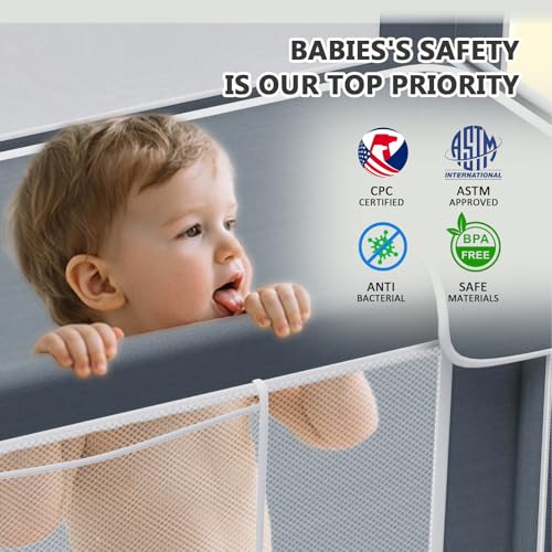 Image of Foldable Playpen for Babies and Toddlers, 59 inchx71 inch Portable Play Yard with Mat, Kids Collapsible Play Pen with Sturdy Metal Frame & Mesh Walls, Indoor & Outdoor Baby Fence Play Area