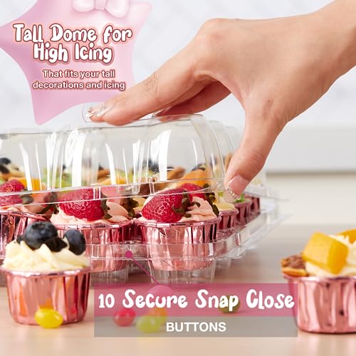 Hlukana (24 Pack x 15 Sets) Mini Cupcake Containers with 375 Pack Cupcakes Liners, Plastic Cupcake Holder, Stackable Mini Cupcake Boxes Carrier, Clear Disposable Cupcake Trays, High Dome - MINI SIZE
