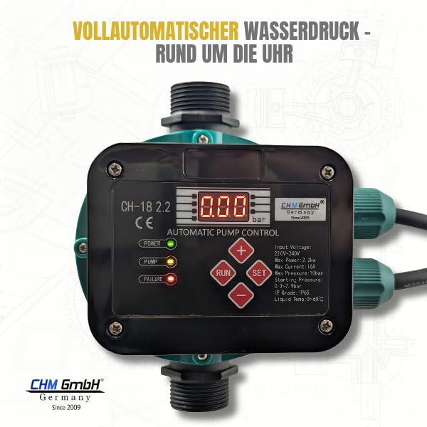 Pumpensteuerung Druckschalter (EIN- und Abschaltdruck einstellbar) mit Trockenlaufschutz für Pumpen bis 2,2 Kw
