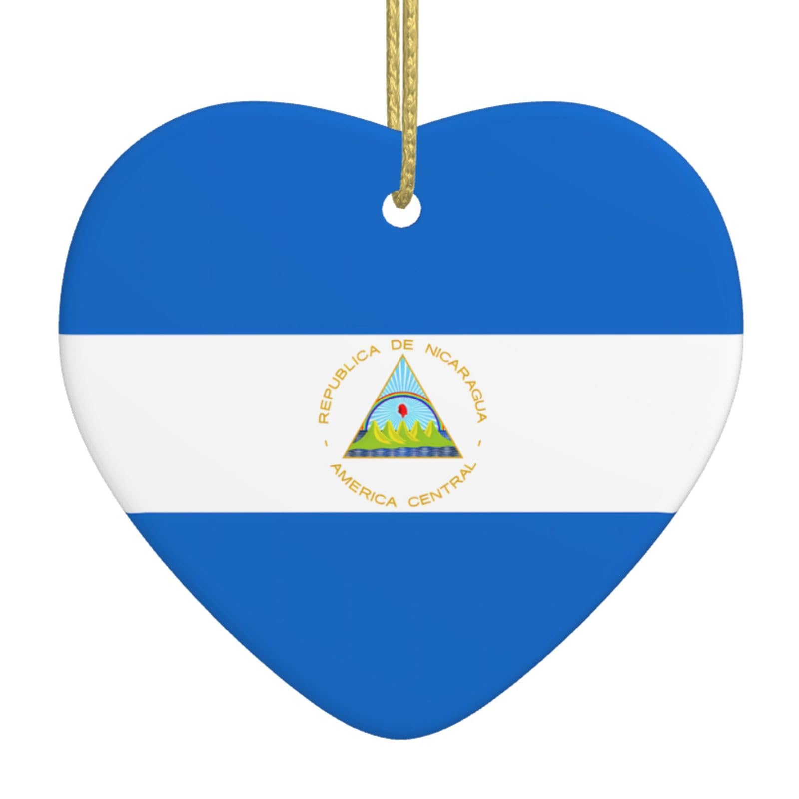 Flag of Nicaragua Ceramic Christmas Heart Pendant with Silk Thread, Christmas Tree Home Decoration