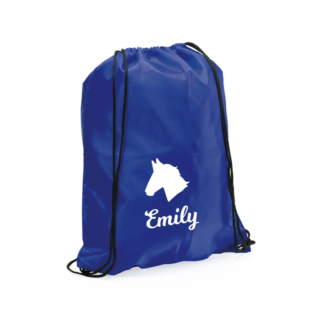 eBuyGB Personalised Horse Bag, Kids Reusable Nylon Drawstring Horse Riding Bag for Girls & Boy (Blue)