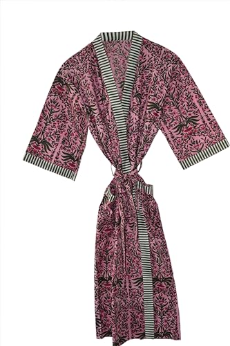 RAJBHOOMI HANDICRAFTS Kimono de algodón estampado de tela para hombres y mujeres, vestido de kimono de playa para cubrir traje de baño bata Cardigan Kimono vestidos, rosa, XL-XXL
