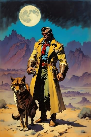 Fine Art Print on Stretched Canvas Mojave Vice Mysterious Wanderer and Coyote in Desert Landscape Fallout Sci Fi